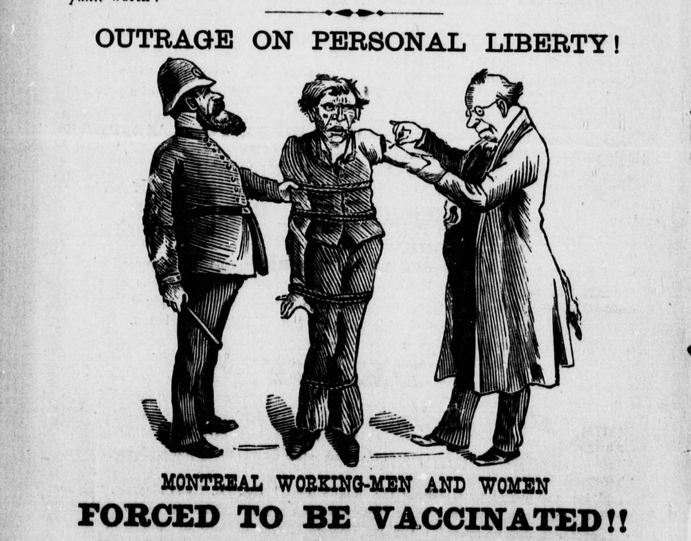 Desenho retratando um homem da classe trabalhadora sendo vacinado à força por um oficial de saúde, enquanto estava detido por um policial.  (Foto: Biblioteca Digital HathiTrust)