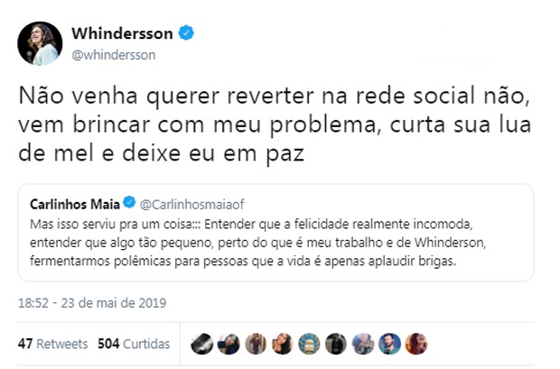 Whindersson Nunes rebate Carlinhos Maia (Foto: Reprodução/Twitter)