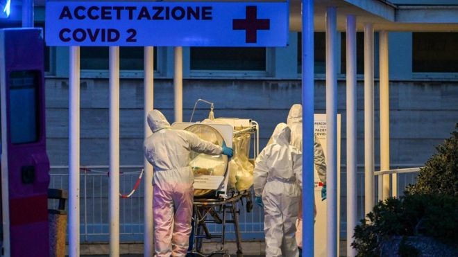 Em Roma, profissionais de saúde carregam paciente em tratamento intensivo para um hospital recém-construído destinado a pessoas com covid-19 (Foto: ANDREAS SOLARO/AFP)