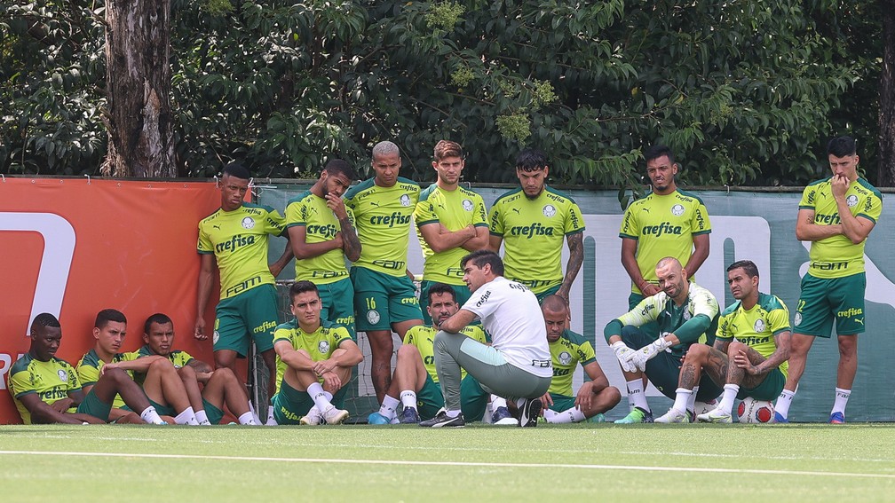 Abel Ferreira conversa com o elenco do Palmeiras na Academia de Futebol — Foto: Fabio Menotti