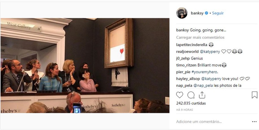 Momento em que obra de Banksy se desfaz apÃ³s ser leiloada â Foto: ReproduÃ§Ã£o/Perfil de Banksy no Instagram