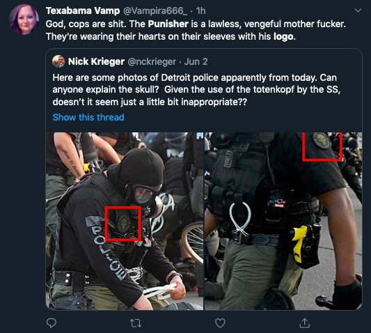 Uma crítica no Twitter ao uso do símbolo do personagem Justiceiro por parte de policiais nos EUA (Foto: Twitter)