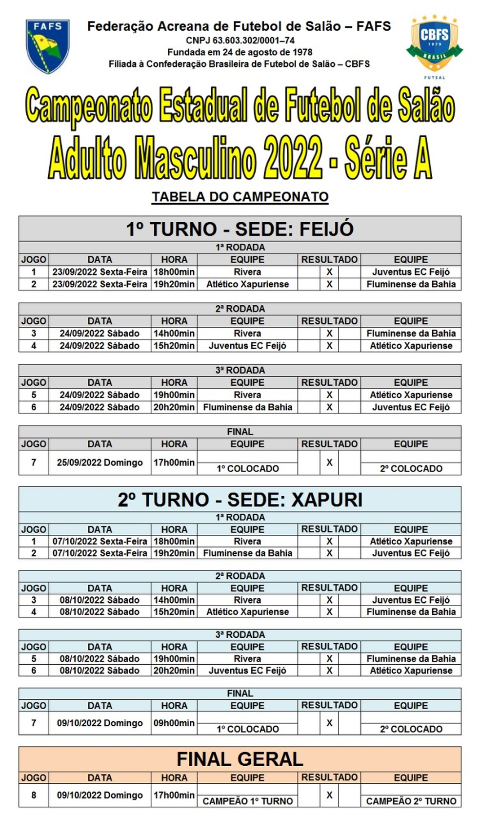 Tabela completa do Campeonato Acreano de Futsal da Série A — Foto: Divulgação/Fafs