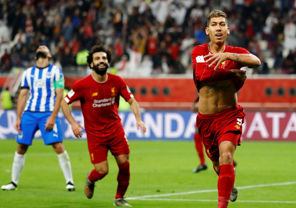 Firmino comemora o gol da vitória do Liverpool sobre o Monterrey — Foto: Kai Pfaffenbach/Reuters