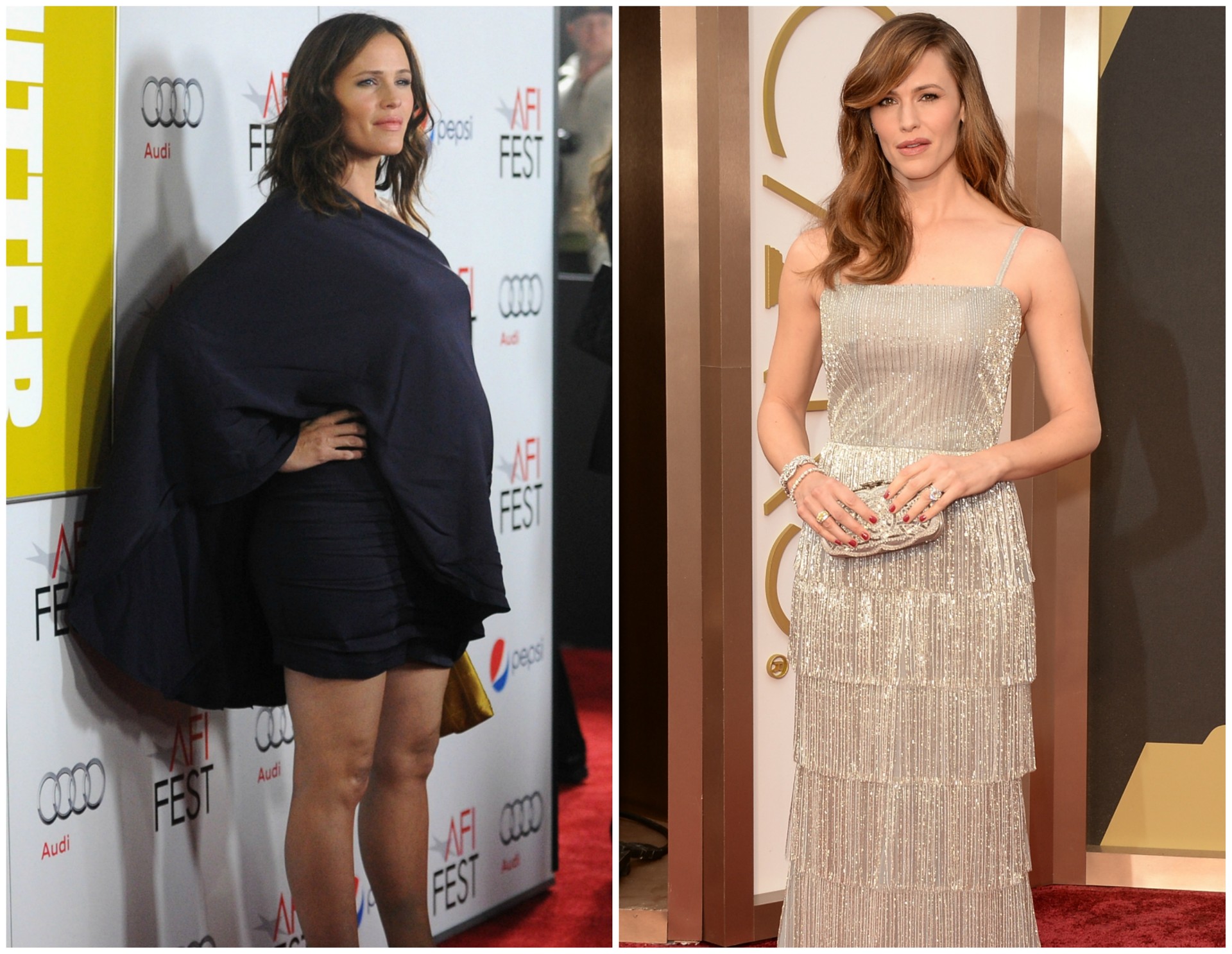 Jennifer Garner em novembro de 2011 (à esq.) e em março de 2014. O caçula da atriz, Samuel, nasceu em 27 de fevereiro de 2012. (Foto: Getty Images)