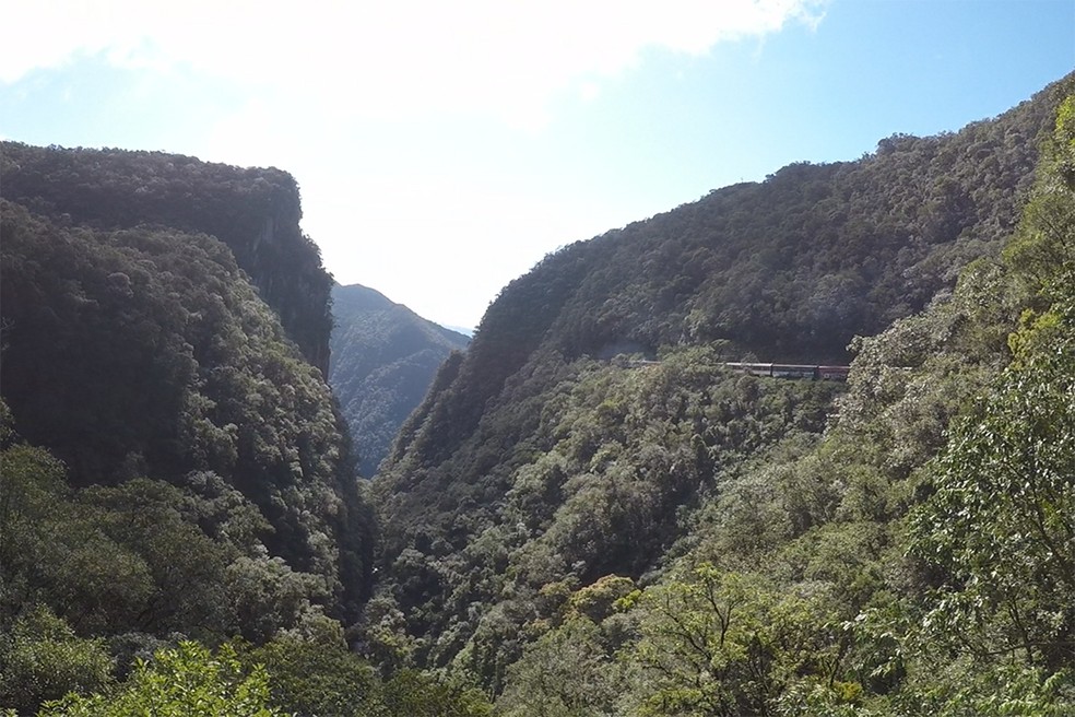 Uma das belas paisagens que podemos contemplar durante a viagem de trem pela serra do mar.  — Foto: Marcio Kubo
