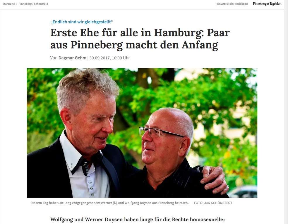 Reportagem de 2017 publicada no Heidenheimer Zeitung fala sobre casamento gay de Werner e Wolfgang — Foto: Reprodução/Heidenheimer Zeitung 