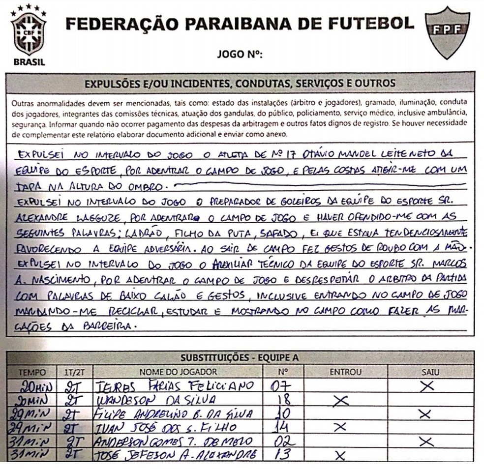 Recorte da s�mula do �rbitro relatando as expuls�es do intervalo � Foto: Reprodu��o / FPF