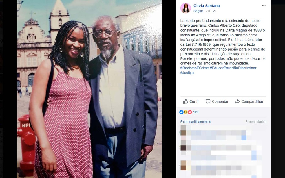 Postagem da secretária Olívia Santana sobre a morte de Carlos Alberto Caó (Foto: Reprodução/Facebook)