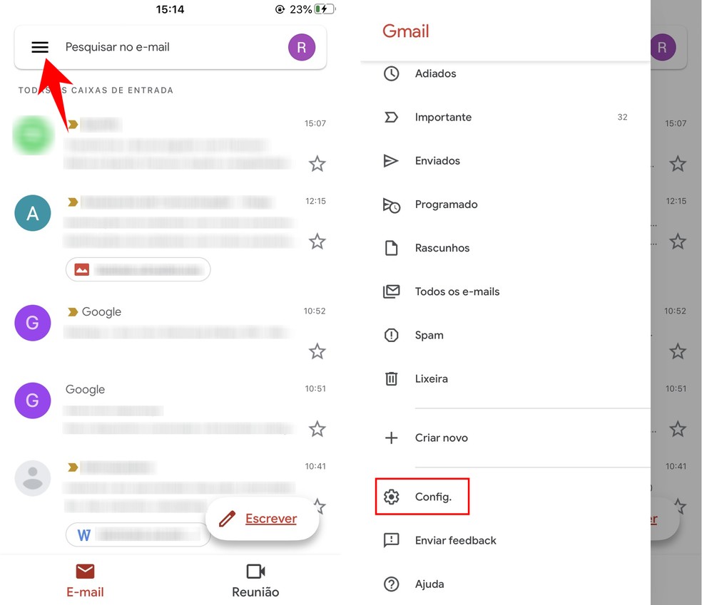 Acesse as configurações do Gmail — Foto: Reprodução/Rodrigo Fernandes