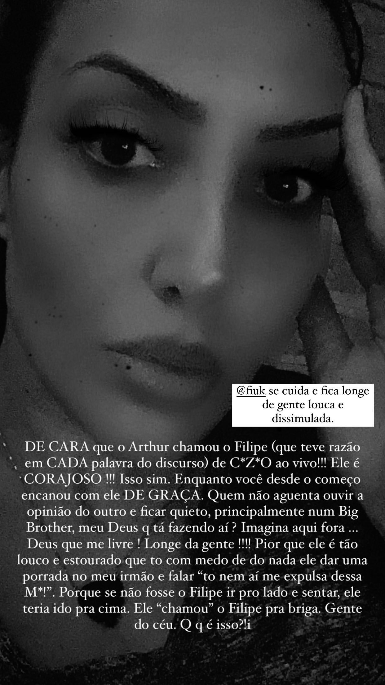Tainá Galvão, irmã de Fiuk, cita medo Fiuk sofrer agressão física de Arthur (Foto: Reprodução/Instagram)