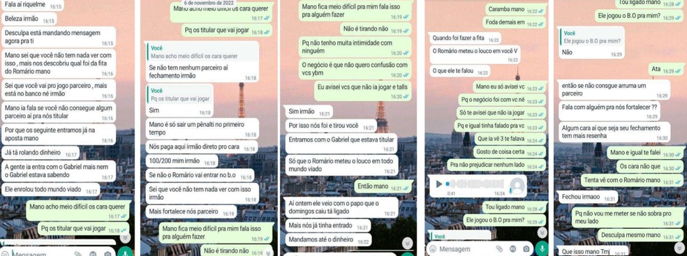 Conversas entre o apostador VY e Riquelme, companheiro de elenco de Romário no Vila Nova — Foto: Reprodução