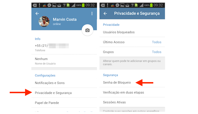 Acessando as opções de bloqueio por senha no Telegram para Android (Foto: Reprodução/Marvin Costa)