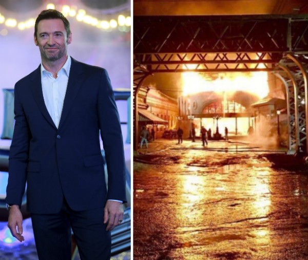 Hugh Jackman e o set do filme em que trabalhava em chamas (Foto: Getty Images/Twitter)