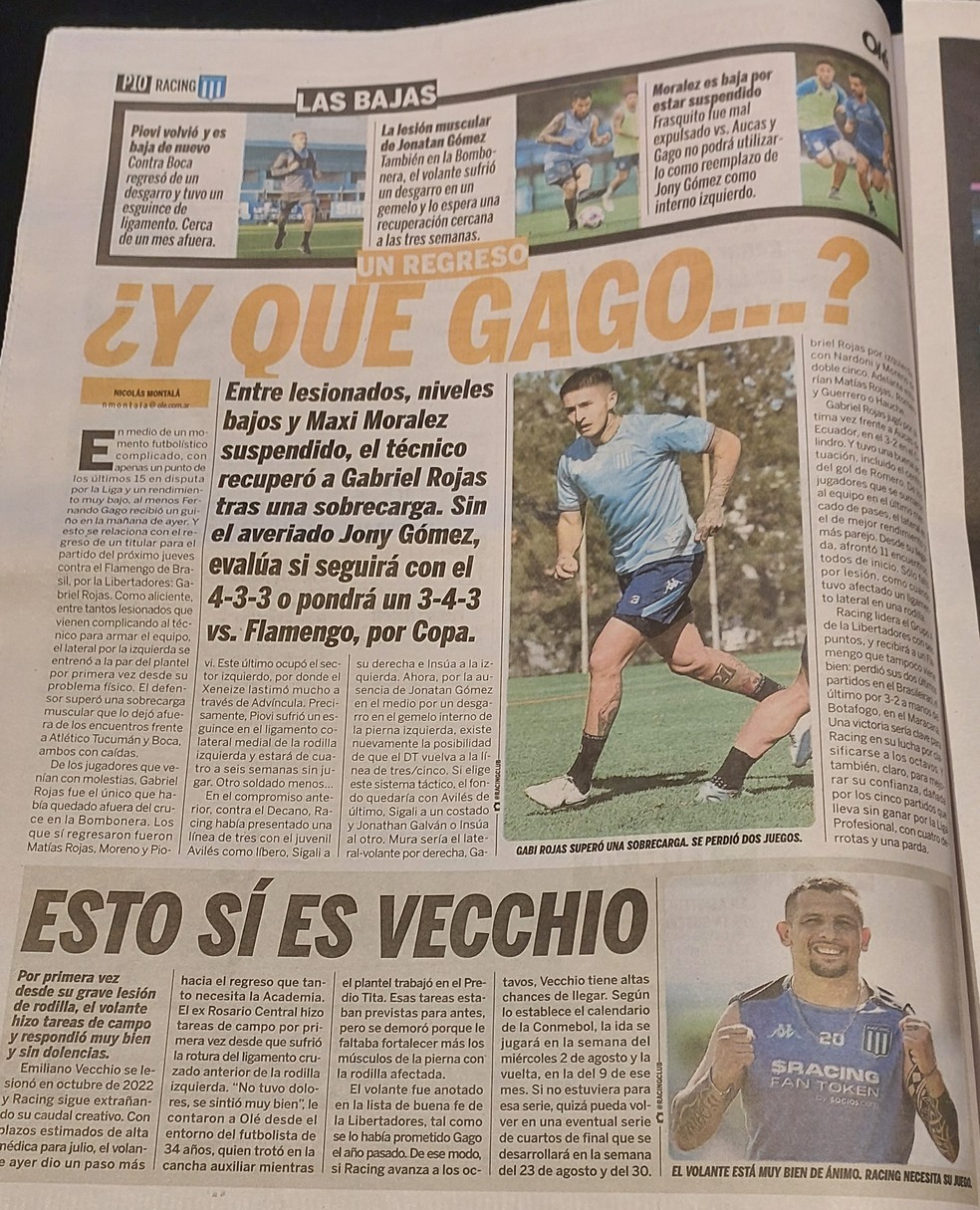 Mat&eacute;ria do "Ol&eacute;", de Ncol&aacute;s Montal&aacute;, traz os desfalques do Racing e um &uacute;nico retorno para o jogo com o Fla &mdash; Foto: Fred Gomes