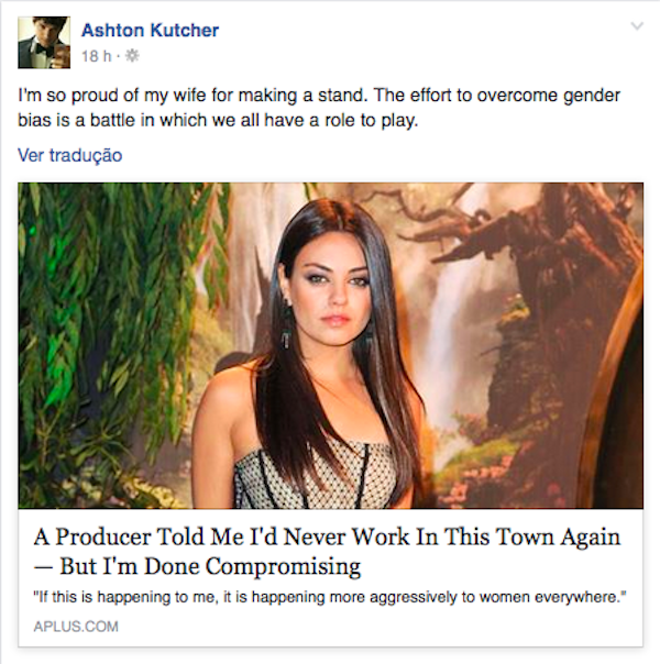 O texto de Mila Kunis foi compartilhado por Ashton Kutcher (Foto: Facebook)