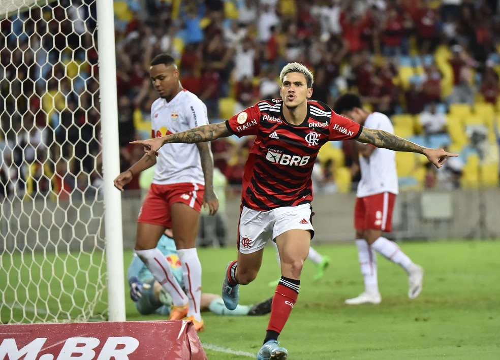 Pedro comemora gol do Flamengo contra o Bragantino &mdash; Foto: Andr&eacute; Dur&atilde;o/ge