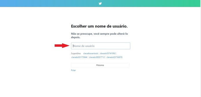 O nome de usuário escolhido não pode existir, por isso o Twitter sugere algumas opções (Foto: Reprodução/Clara Barreto) O nome de usuário escolhido não pode existir, por isso o Twitter sugere algumas opções (Foto: Reprodução/Clara Barreto)