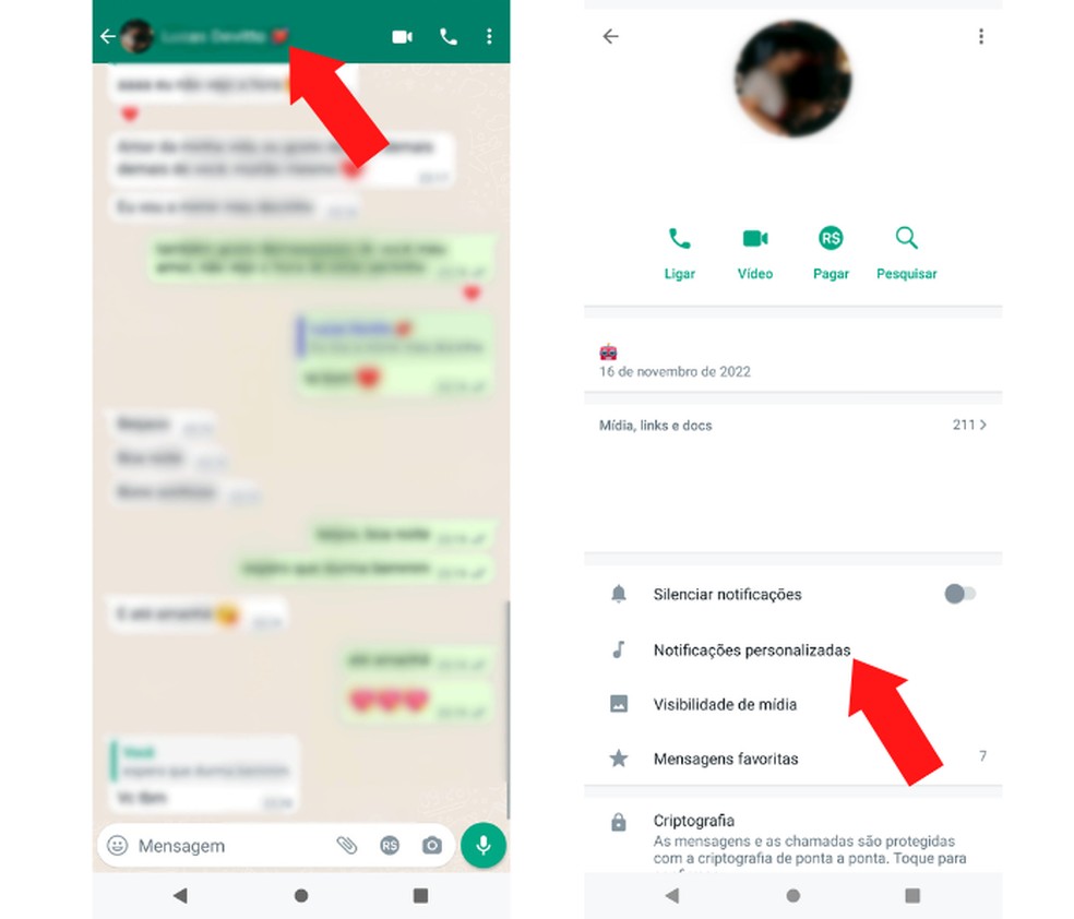 Para personalizar as notificações de um contato ou grupo específico, deve-se abrir o chat no mensageiro  — Foto: Reprodução/Mariana Tralback