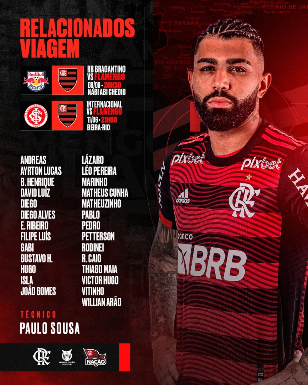 Os relacionados do Flamengo para os jogos contra Bragantino e Inter — Foto: Reprodução