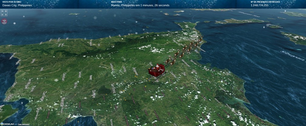 Por volta do meio dia de terça (24), o Papai Noel sobrevoava as Filipinas — Foto: Reprodução/Norad