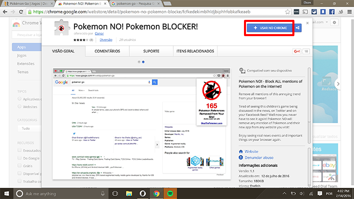 Pokemon No pode ser baixada na Chrome Web Store (Foto: Reprodução/Elson de Souza)