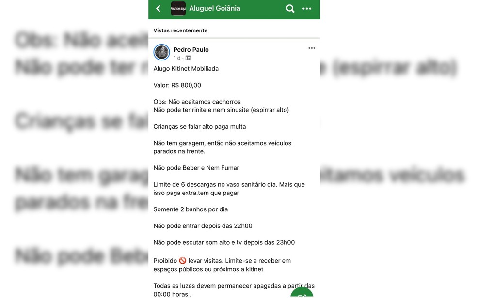 Anúncio do aluguel de kitnet com regras "absurdas" feito em Goiânia é uma brincadeira de Pedro Paulo Guedes, Goiás — Foto: Reprodução/Arquivo Pessoal
