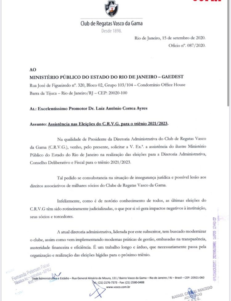 Campello pede ajuda ao MP/RJ — Foto: Reprodução