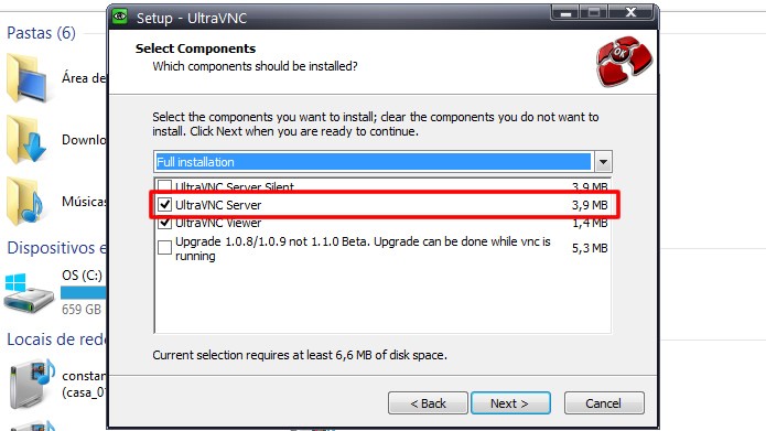 Inicie o processo de instalação do UltraVNC, mantendo o componente “UltraVNC Server” selecionado (Foto: Daniel Ribeiro /TechTudo)