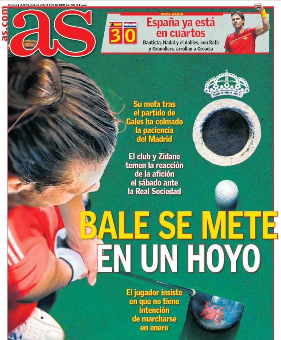 Capa do jornal As traz Bale tacando uma bola de golfe no símbolo do Real Madrid — Foto: Reprodução