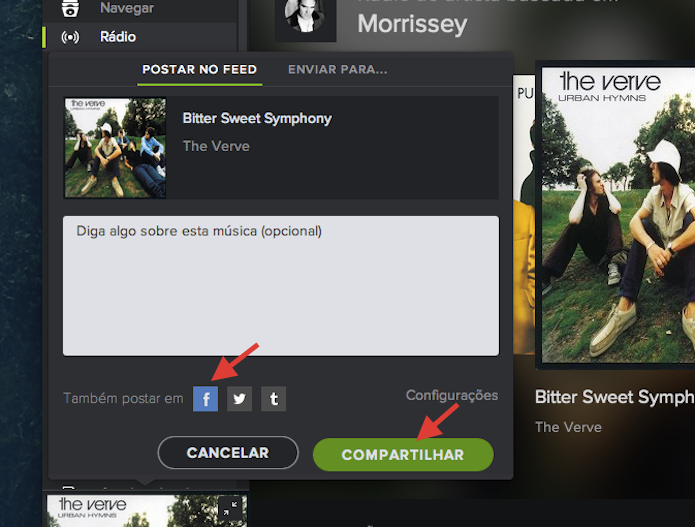 Compartilhando uma música ou playlist do Spotify com o Facebook na versão para Mac (Foto: Reprodução/Marvin Costa)