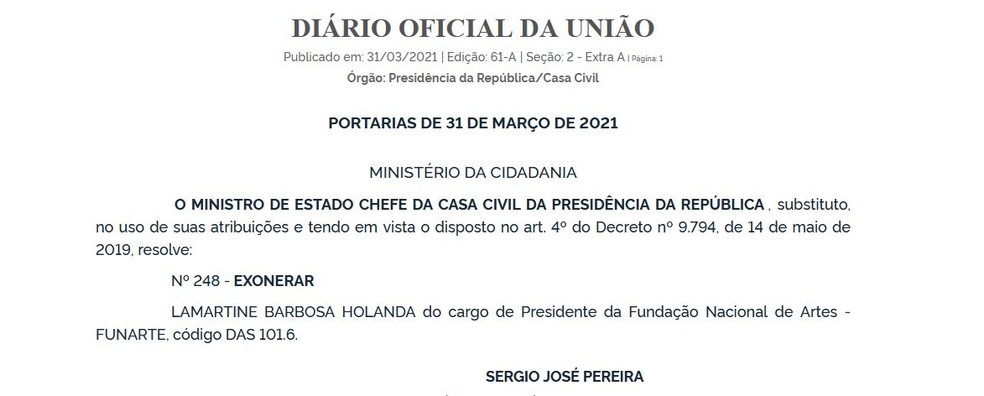 Exoneração do coronel da reserva do Exército Lamartine Barbosa Holanda na Funarte — Foto: Reprodução / Diário Oficial da União