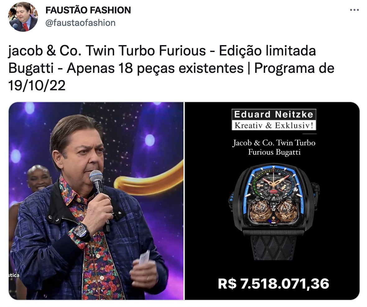 Página Faustão Fashion mostra valores de roupas e acessórios do apresentador a cada episódio do Faustão na Band (Foto: Reprodução / Twitter)