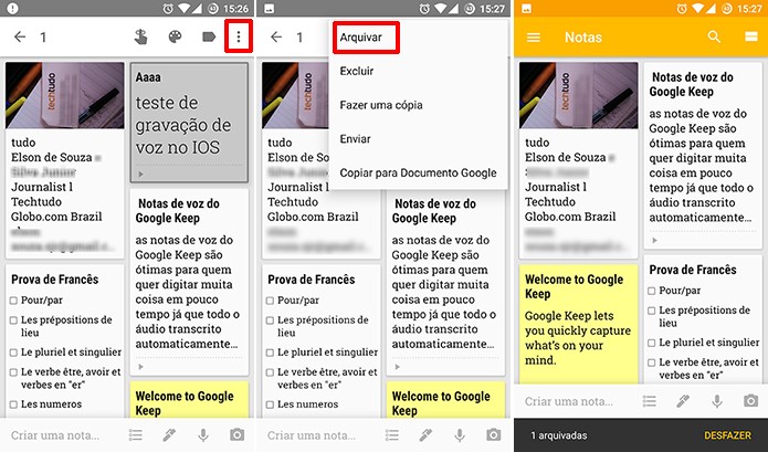Google Keep para Android e iOS pode ter notas arquivadas a partir da tela inicial (Foto: Reprodução/Elson de Souza)