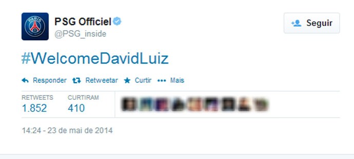 PSG Boas-Vindas David Luiz (Foto: Reprodução / Twitter)