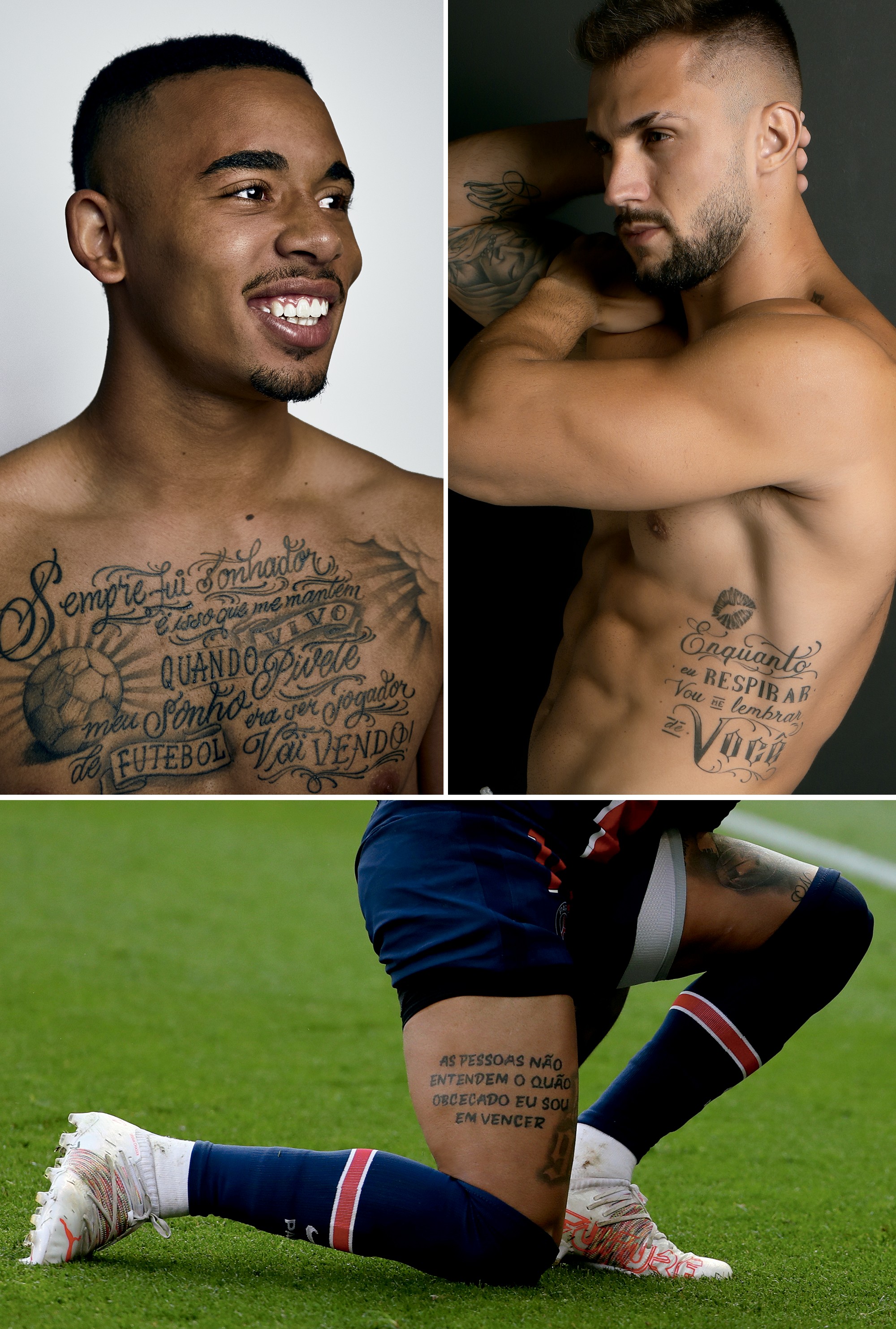 Alerta de textão: Em sentido horário: Gabriel Jesus, Arthur Picoli e Neymar estão entre os famosos que eternizaram textões na pele (Foto: divulgação/Getty images)