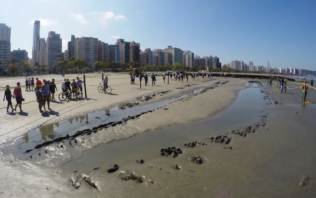Destroços de navio foram encontrados na Praia do Embaré (Foto: José Claudio Pimentel/G1)