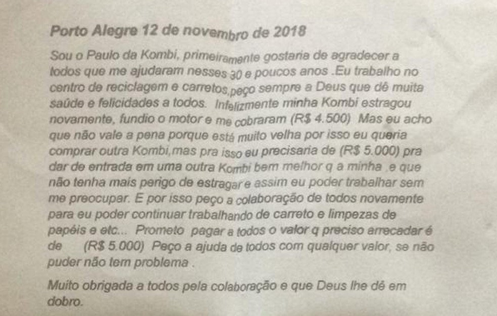 Carta deixada por Paulo na caixa de correio dos moradores do Centro Histórico. — Foto: Arquivo pessoal