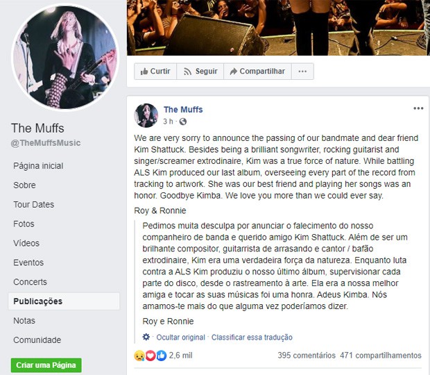 Banda The Muffs lamenta a morte de Kim Shattuck (Foto: Reprodução/Facebook)