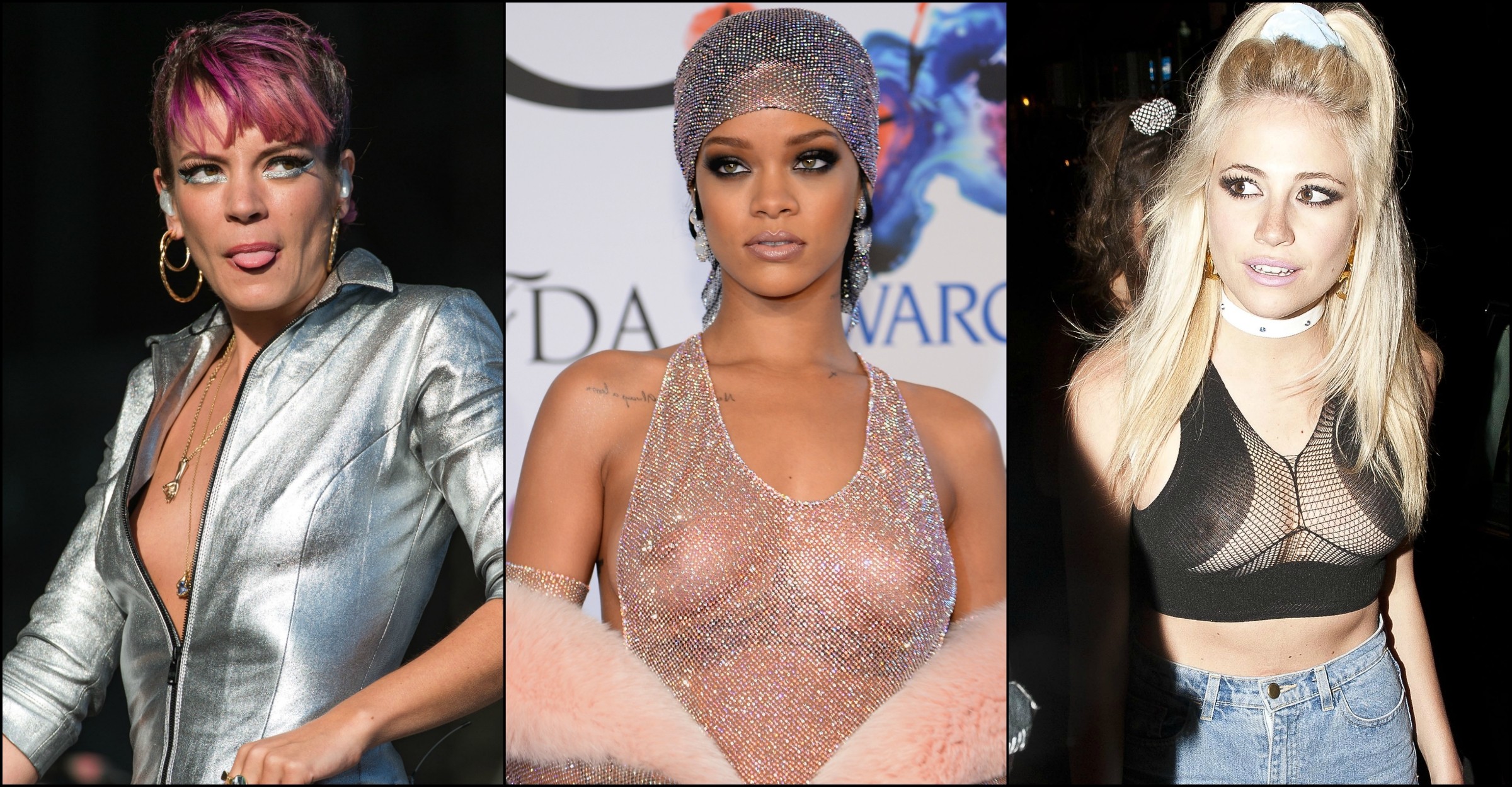As cantoras Lily Allen (à esq.), Rihanna (centro) e Pixie Lott. (Foto: Getty Images)