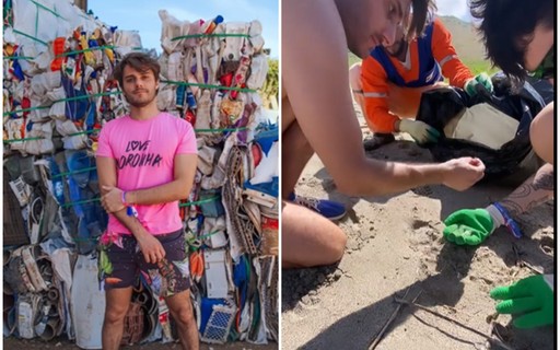Hugo Bonemer recolhe lixo em praia em Noronha: "Responsabilidade ambiental"