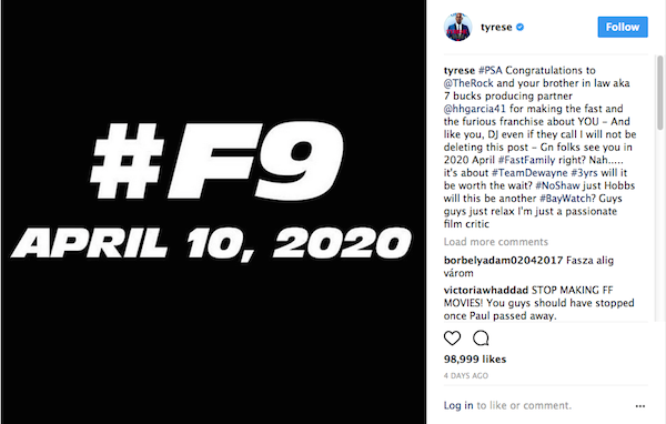O post no qual Tyrese Gibson faz críticas ao seu colega de elenco em Velozes e Furiosos, Dwayne The Rock Johnson (Foto: Instagram)