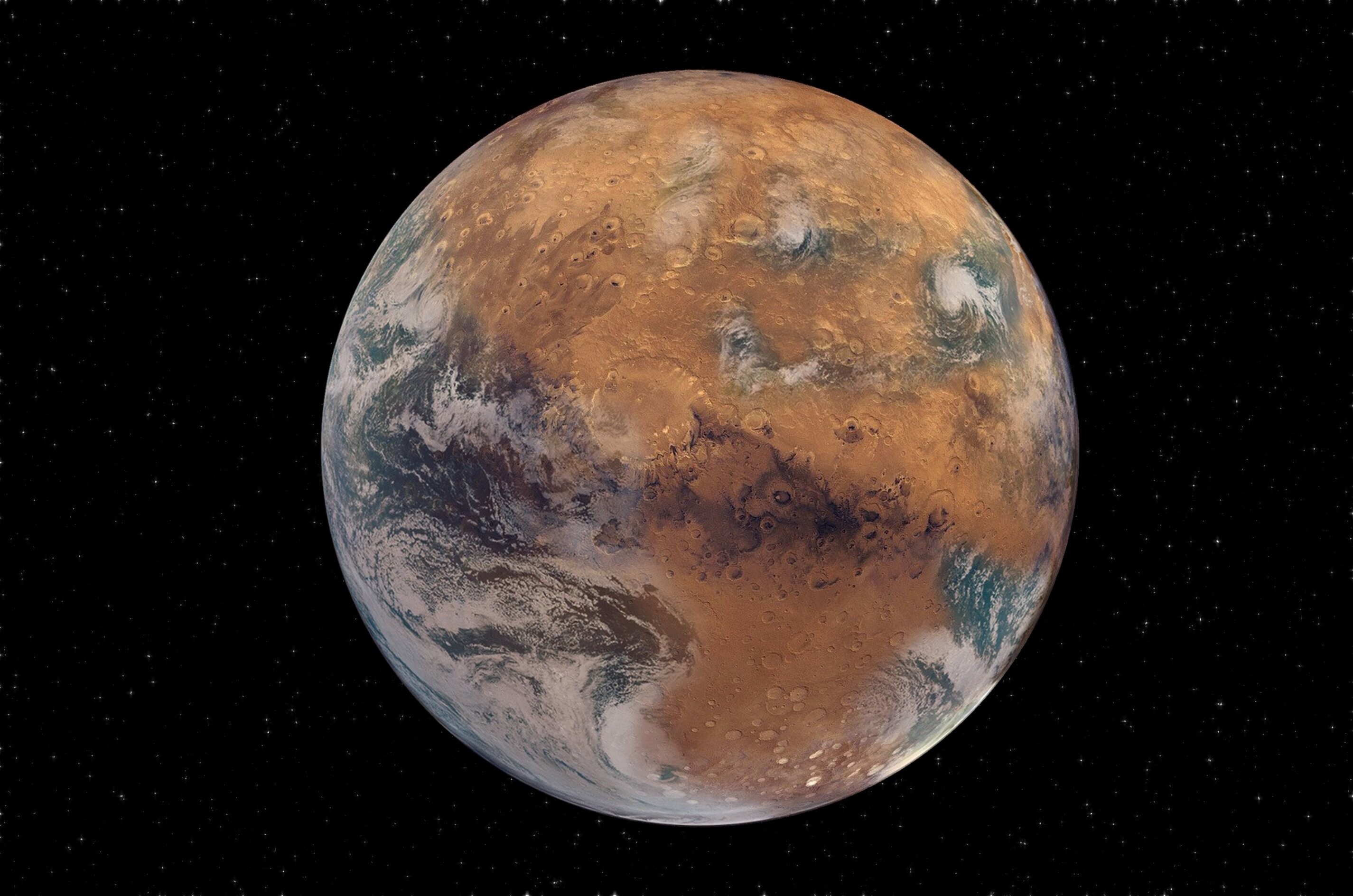 Simulação de Marte caso o planeta tivesse água na superfície de modo similar à Terra  (Foto: NASA Earth Observatory/Joshua Stevens; NOAA National Environmental Satellite, Data, and Information Service; NASA/JPL-Caltech/USGS; Sean Garcia/Washington University)