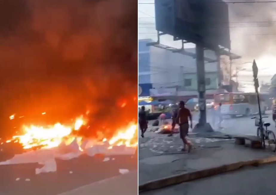 Barricadas com pneus em chamas e focos de fogo espalhados pelas ruas do bairro Miguel Couto, em Nova Iguaçu, em protesto pela morte de morador