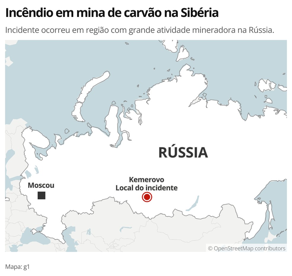 MAPA - Incêndio em mina na Sibéria (Rússia) — Foto: g1