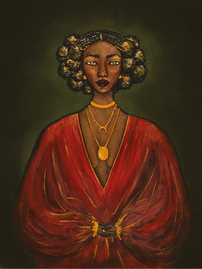 Mulher Betsimisaraka: a pintura representa o penteado Tanavoho, formado por tranças ajustadas ao topo da cabeça e finalizadas com um botão afro puff. Essa tradição ancestral celebra o luto. (Foto: Íldima Lima)