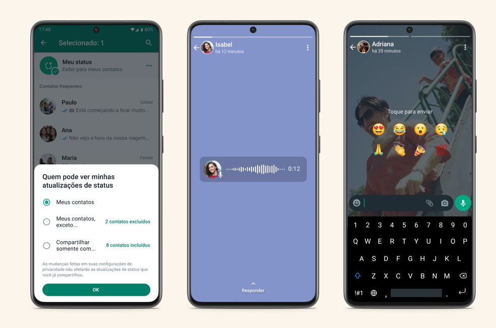 'Status' do WhatsApp ganha áudio, reações com emojis e recurso de privacidade — Foto: Divulgação/WhatsApp