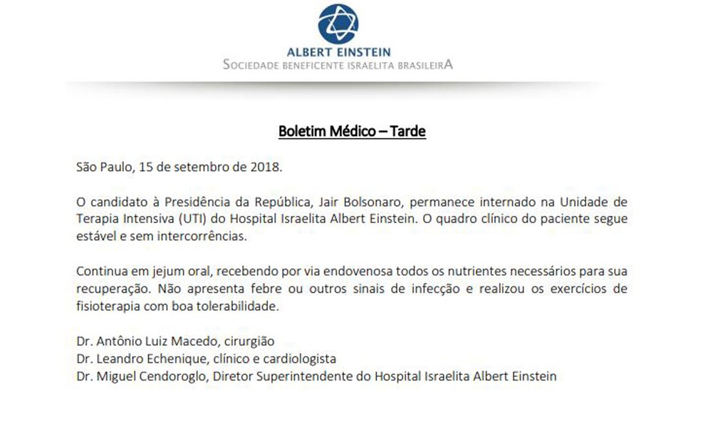 Boletim médico de Jair Bolsonaro divulgado na tarde deste domingo (16) — Foto: Reprodução