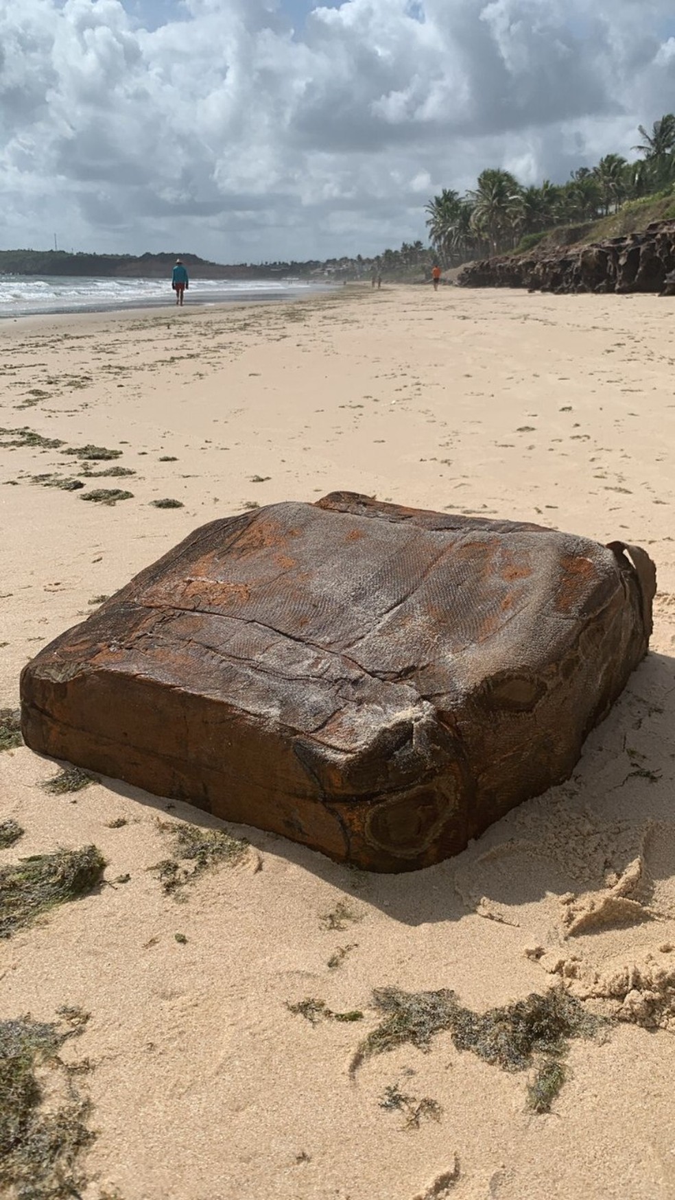 Um dos fardos de borracha encontrados nesta sexta-feira (11) em praia de Cotovelo, no RN — Foto: Ana Mércia
