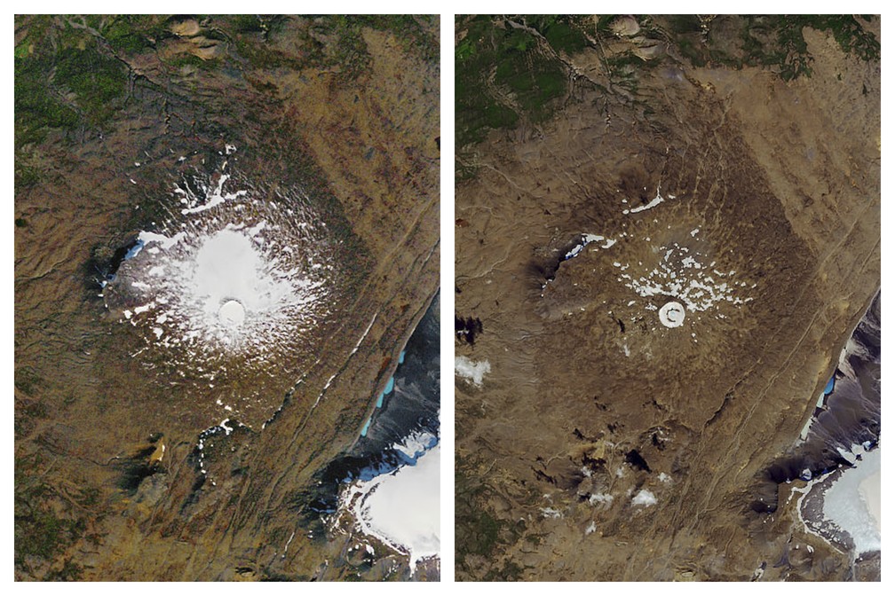 À esquerda, a geleira Okjokull, na Islândia, em uma foto de setembro de 1986, quando ela ocupava 3 km² quadrados. À direita, a mesma geleira em agosto de 2019, com menos de 1 km² — Foto: Nasa/AP